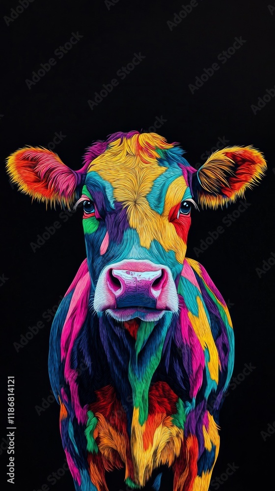 Fototapeta premium Vibrant and colorful cow portrait painting, showcasing artistic expression and a unique perspective on farm animals