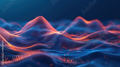 Abstract digital wave, glowing orange and blue particles.