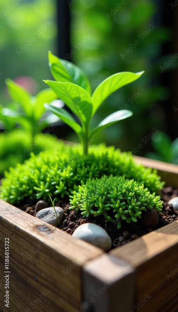 Moss-covered stone and soil inside a wooden planter box, plant, planters Moss-covered stone and soil inside a wooden planter box, plant, planters