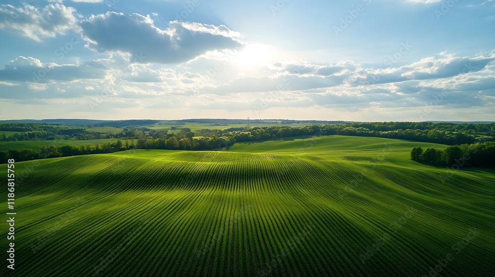 Expansive lush green rolling fields under a bright blue sky with clouds in a serene rural landscape : Generative AI Expansive lush green rolling fields under a bright blue sky with clouds in a serene rural landscape : Generative AI