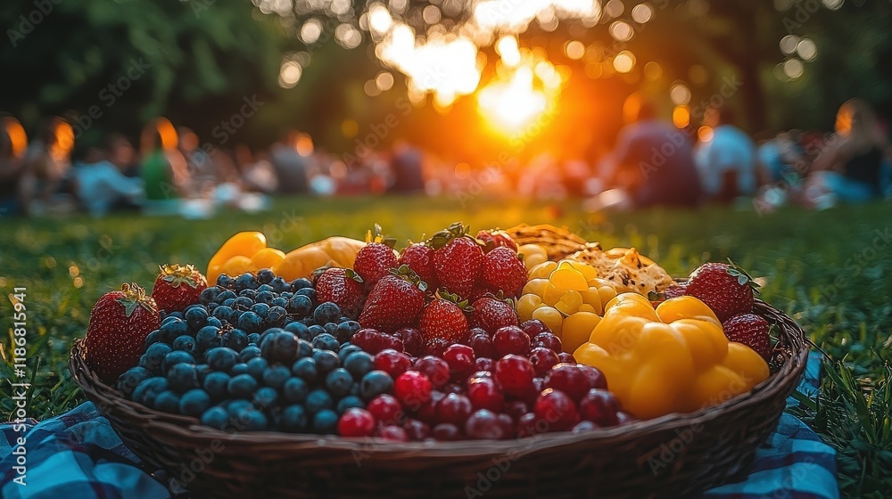 Naklejka premium A Colorful Basket of Fresh Fruits Surrounded by Nature During a Sunset Gathering, Perfect for Summer Picnics and Outdoor Activities