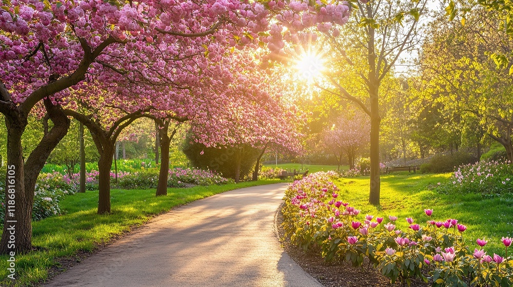 Naklejka premium Beautiful Spring Pathway with Pink Blossoms and Sunlight Glow