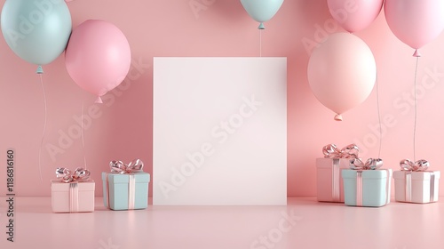 Pastel-themed 3d balloons and gift boxes with blank paper for birthday, valentine’s day, or wedding invitation design photo