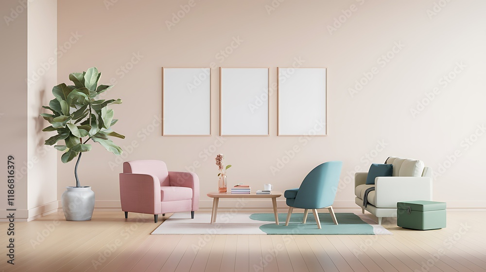 Fototapeta premium Pastel living room interior design, minimalist furniture, modern decor, calm atmosphere, home design