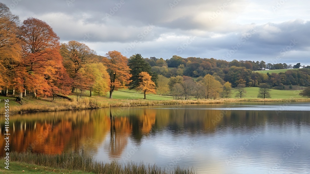 Peaceful Autumn Lake Landscape with Colorful Trees and Tranquil Water Reflections at Sunset : Generative AI Peaceful Autumn Lake Landscape with Colorful Trees and Tranquil Water Reflections at Sunset : Generative AI