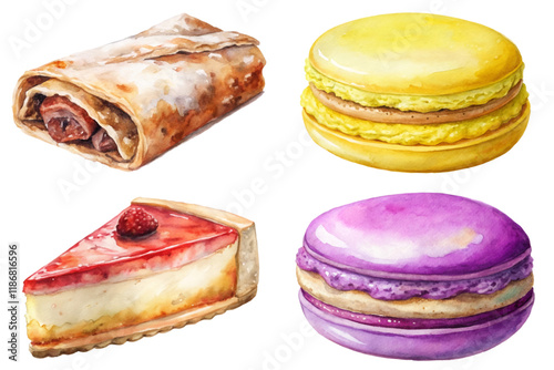 Colorful desserts, watercolor style, delicious pastries, sweet treats, gourmet desserts, artistic food illustration.