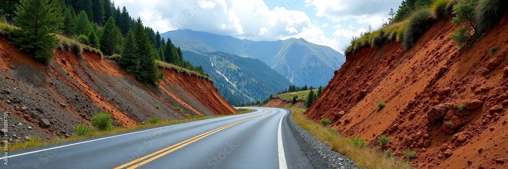 Fototapeta premium Mountainous road with exposed soil and landslides, curve, mountain, soil erosion