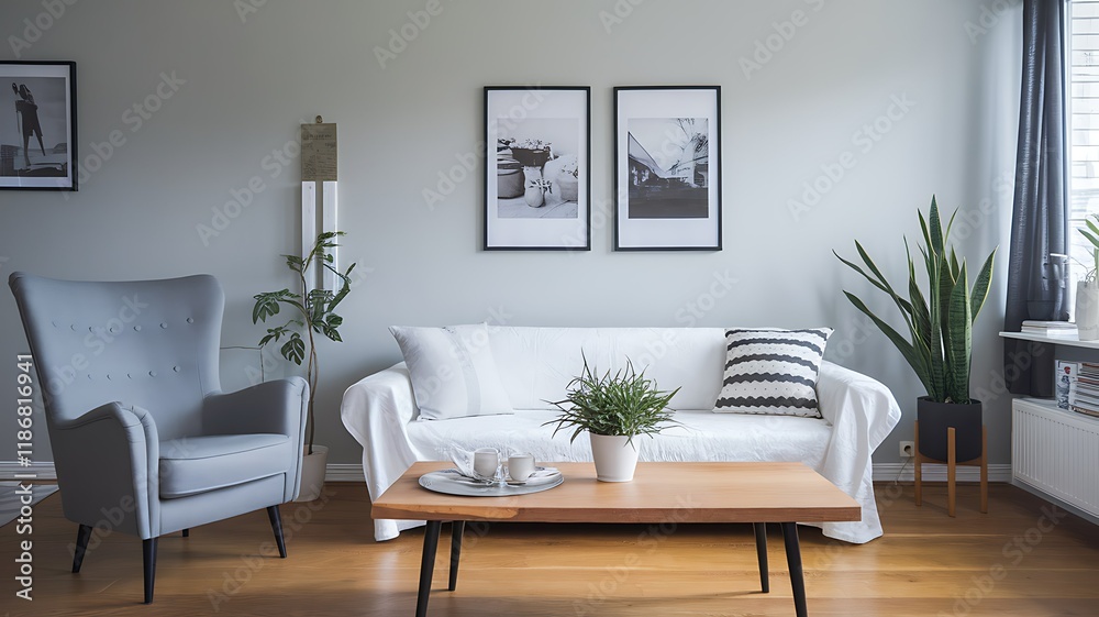 Fototapeta premium Modern living room interior design, Scandinavian style apartment, calm atmosphere, cozy furniture. Use Home d?cor inspiration