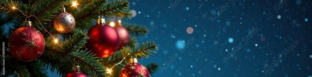 Obraz premium Ornaments and lights adorn the branches of an elegant decorated Christmas tree against the backdrop of a starry night, night sky, holiday, ornaments