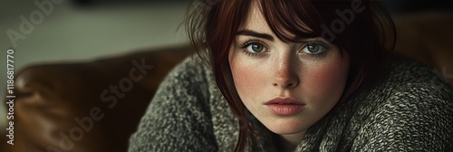 Serene Gaze. Beautiful portrait of a young woman with freckles, striking green eyes, and auburn hair