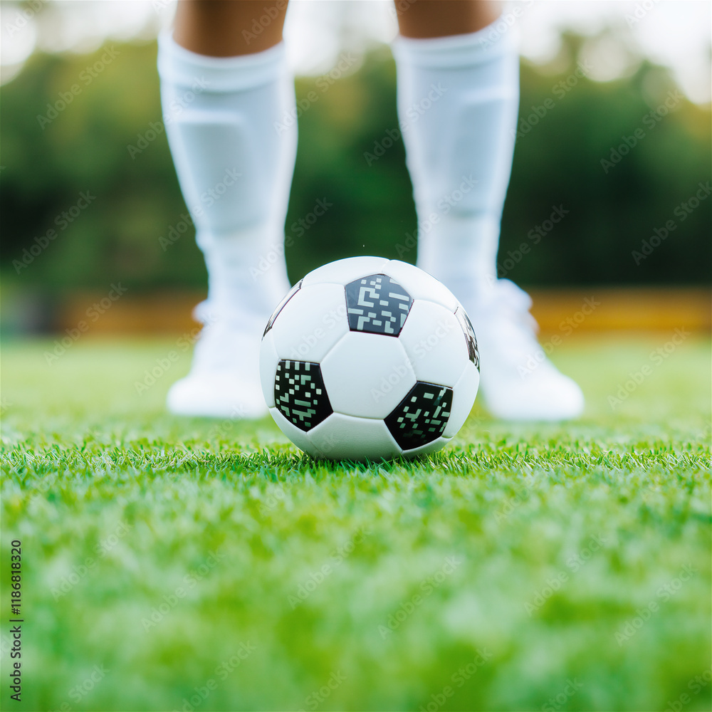 Soccer ball on vibrant green grass with a close-up of athletic legs, representing teamwork, strategy, and outdoor activity in a sunny sports field. Soccer ball on vibrant green grass with a close-up of athletic legs, representing teamwork, strategy, and outdoor activity in a sunny sports field.