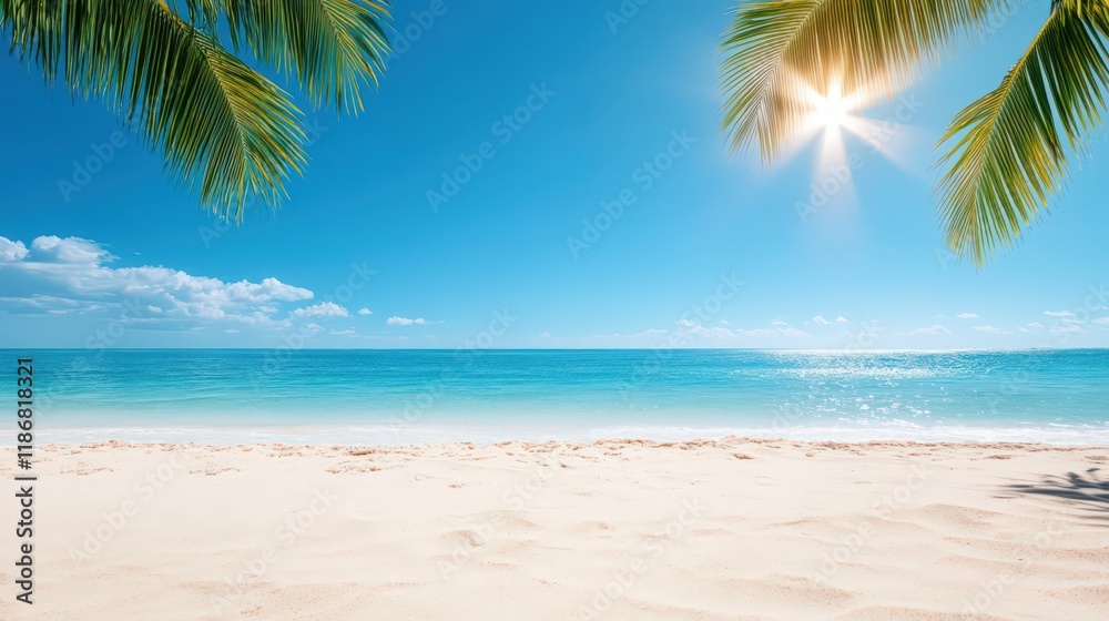A beautiful beach with palm trees and a clear blue sky A beautiful beach with palm trees and a clear blue sky