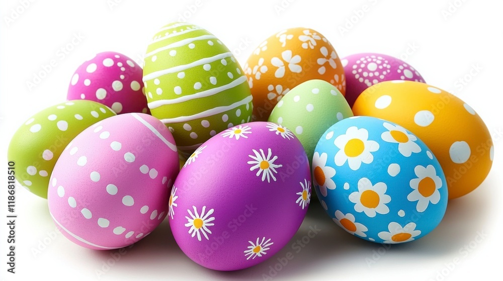 Easter Egg Hunt Delight: A vibrant collection of pastel-colored Easter eggs, adorned with cheerful floral and polka dot patterns, creates a festive and joyful scene, perfect for celebrating spring. Easter Egg Hunt Delight: A vibrant collection of pastel-colored Easter eggs, adorned with cheerful floral and polka dot patterns, creates a festive and joyful scene, perfect for celebrating spring.