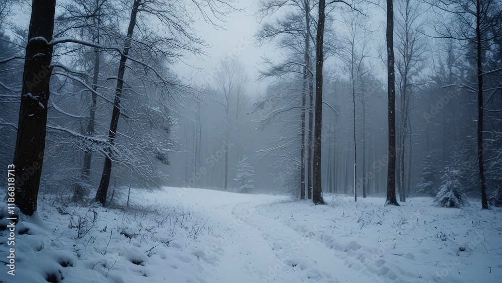 Obraz premium Snowy path through a winter forest. Peaceful winter scene with snow-covered trees. Perfect for winter holiday backgrounds or winter wonderland themes