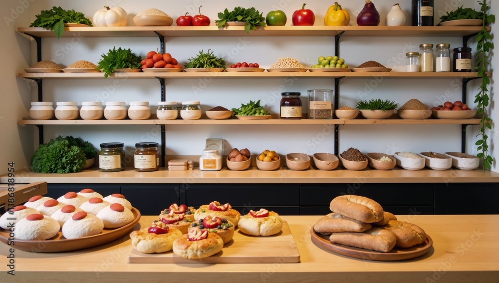 A blurred image of an eco-friendly vegan bakerygrocery store A blurred image of an eco-friendly vegan bakerygrocery store