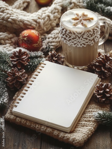 White notebook sits on a wooden table with a mug of coffee and a few pine cones. The notebook is empty, and the coffee mug is topped with a snowflake design