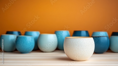 Ceramic Cups Still Life: A single, off-white ceramic cup stands out in the foreground, subtly contrasting against a backdrop of teal and light blue ceramic cups. photo