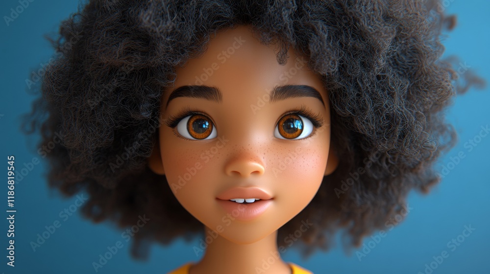 Fototapeta premium Close-up portrait of a smiling young girl with afro hair and freckles, showing a cheerful and friendly expression