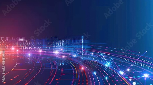 Futuristic cityscape with digital data streams and glowing lines.