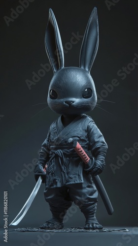 3d rendering of a cute black anthropomorphic bunny ninja warrior posing with katana and wakizashi swords photo