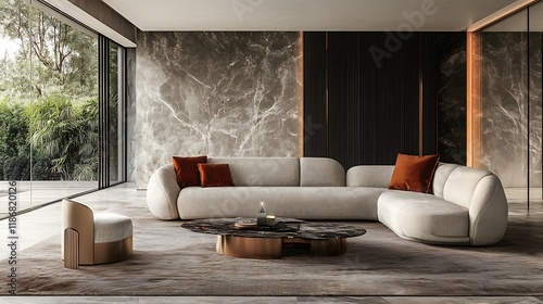 Luxury sofa with a plush, overstuffed design and elegant armrests  photo