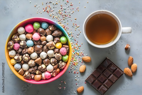 Candy vs. dark chocolate with nuts: contrasting indulgence and health, healthy food and junk food photo