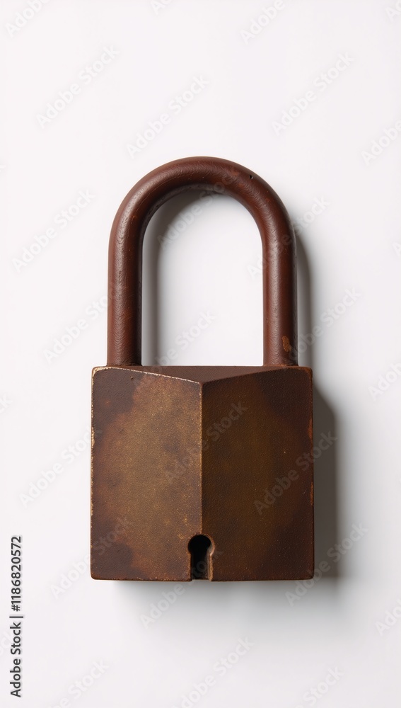 Rusty padlock against white backdrop symbolizing safety and privacy Rusty padlock against white backdrop symbolizing safety and privacy