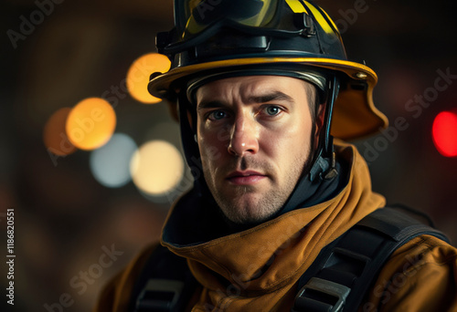 A male firefighter in full protective gear looks determined while responding to an emergency situation in a low-light setting.