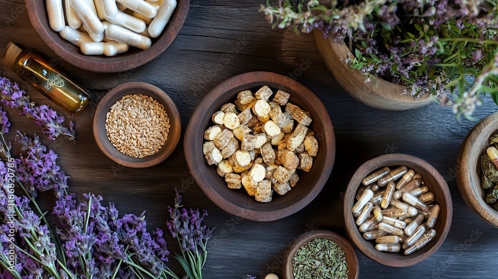 Fototapeta premium Assorted Herbal Medicine and Natural Supplements with Lavender on Rustic Wooden Table : Generative AI