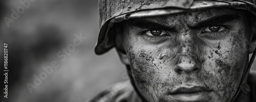 Black and white close-up of determined soldier with dirty face wearing helmet in world war two