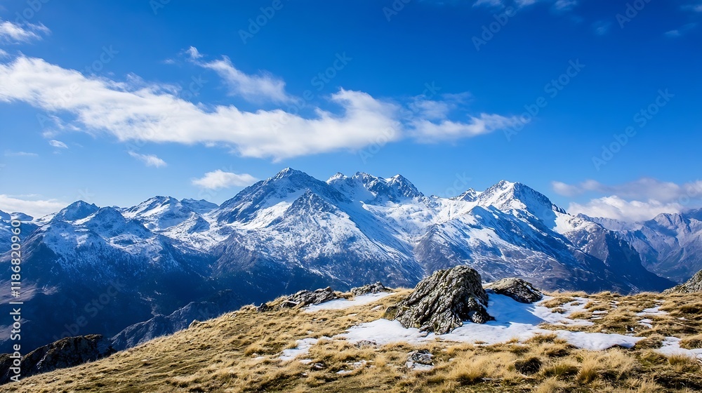 Fototapeta premium Spectacular Snowy Mountain Range Under Bright Blue Sky in Scenic Winter Landscape : Generative AI