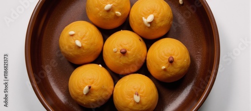 Top-down view of circular arrangement of Indian sweets ladoos and nuts on a brown ceramic plate photo