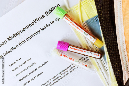 Medical information blood test tubes human Metapneumovirus alongside blood samples labeled for analysis during hMPV pandemic photo