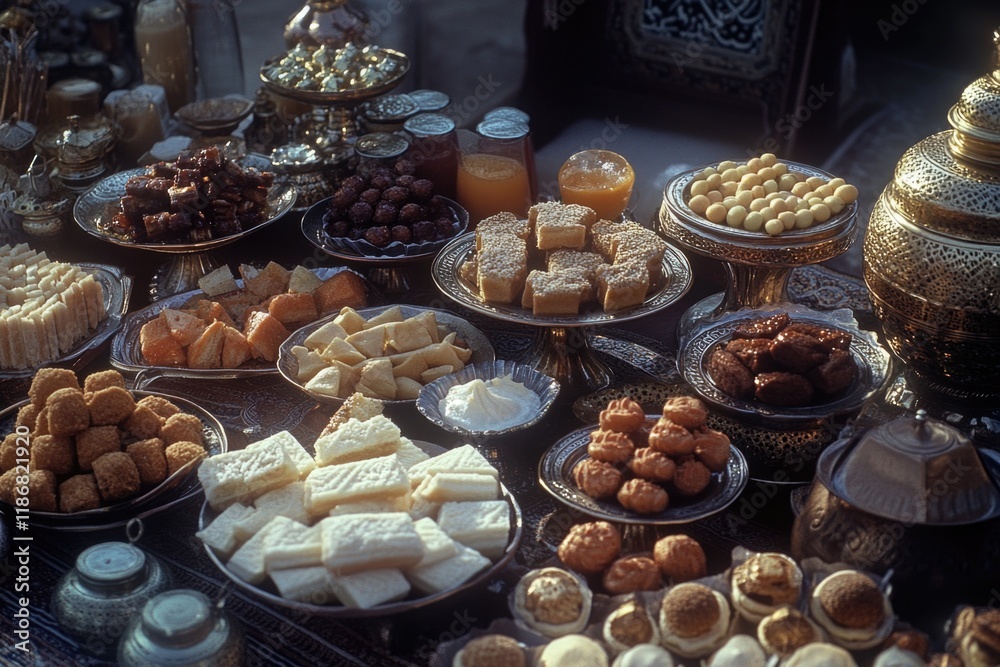 Fototapeta premium Table full of food with a variety of desserts and snacks. The table is set up for a party or gathering