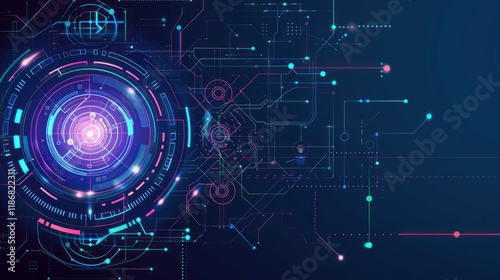 Abstract futuristic technology background with glowing circuit board and digital interface elements.