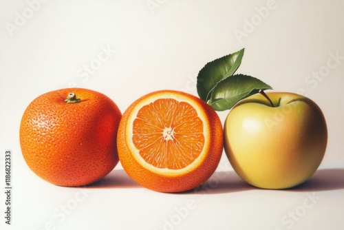 Citrus Symphony: A vibrant still life featuring a whole orange, a halved orange revealing its juicy interior, and a mellow yellow apple, arranged in a pleasing composition.
