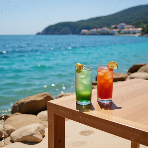 Drinks One cocktail  another beverage placed near an ocean view