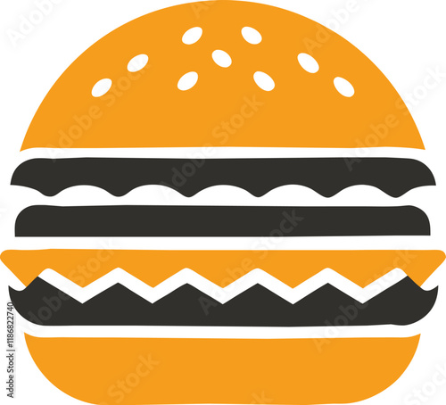 Minimalist burger icon flat design orange and black color scheme.
