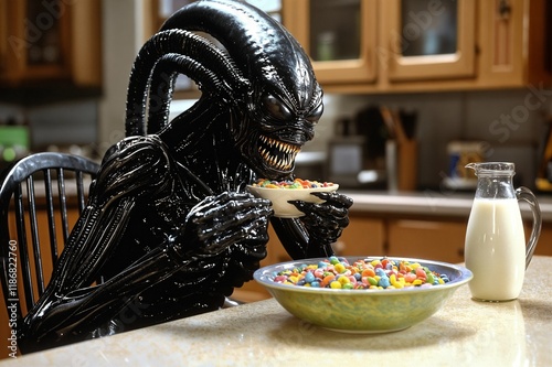 A statue of an alien eating cereal from a bowl. photo