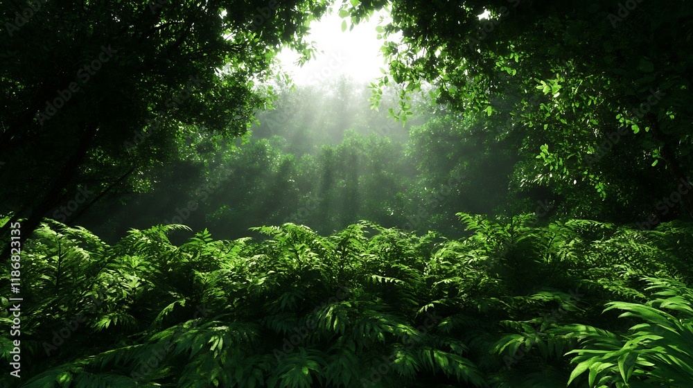Fototapeta premium Sunlight Filtering Through Lush Green Jungle Foliage with Ferns Abundant : Generative AI