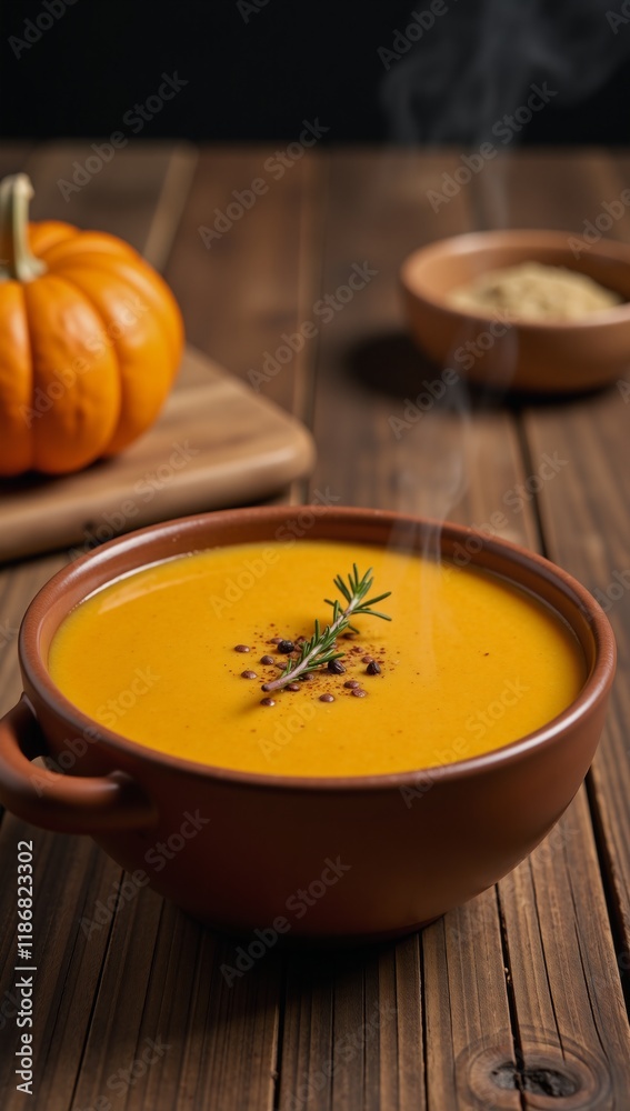 Warm pumpkin soup seasoned with pepper and thyme in a rustic setting Warm pumpkin soup seasoned with pepper and thyme in a rustic setting