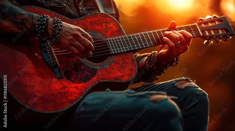 Obraz premium Close-Up View of Hands Playing Acoustic Guitar Against a Stunning Sunset Background, Highlighting Music Passion and Artistic Expression in an Outdoor Setting