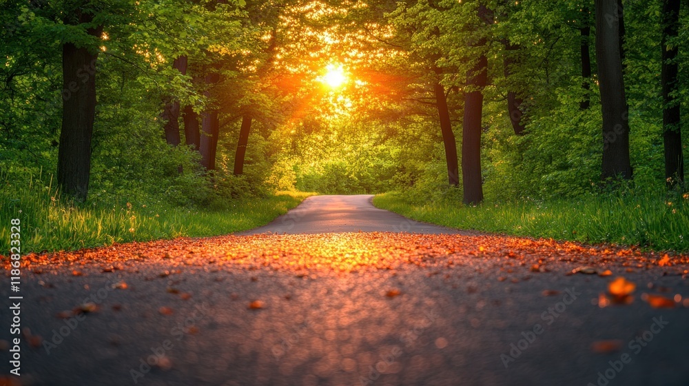 Naklejka premium Forest road at sunset with sun shining through trees.