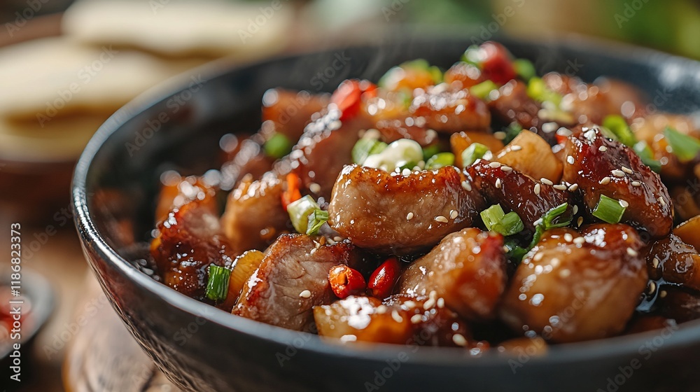 Steaming bowl of savory pork stir-fry with garlic, chili, and scallions.