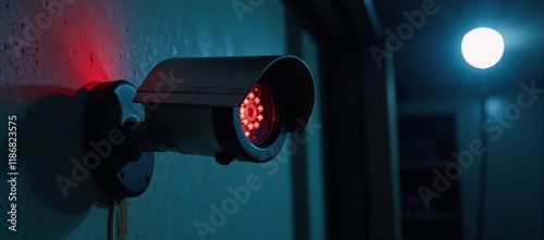 Security camera image with red  blue lighting Realistic photo