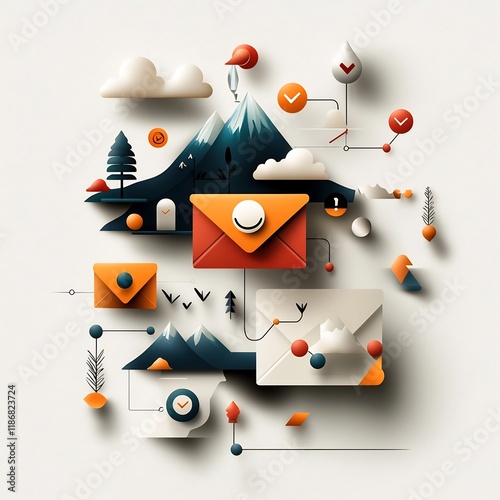 This digital showcases an interconnected virtual ecosystem with freehand drawn user characters dynamic linking arrows and abstract organic compositions featuring symbolic envelope motifs
