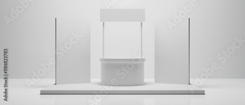 3d booth kios illustration rendering, Exhibition podium pedestal stand event stage for mockup a Display design, trade show for retail product on white background photo