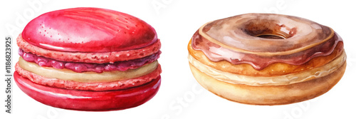 Colorful macarons, delicious donuts, watercolor style, sweet treats, dessert illustration, vibrant food art.