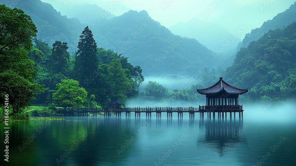 Fototapeta premium Serene misty lake with pavilion and lush green mountains.