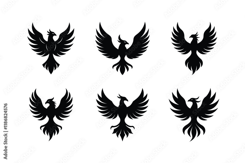 Set of Phoenix Icon Silhouette on White Background Set of Phoenix Icon Silhouette on White Background